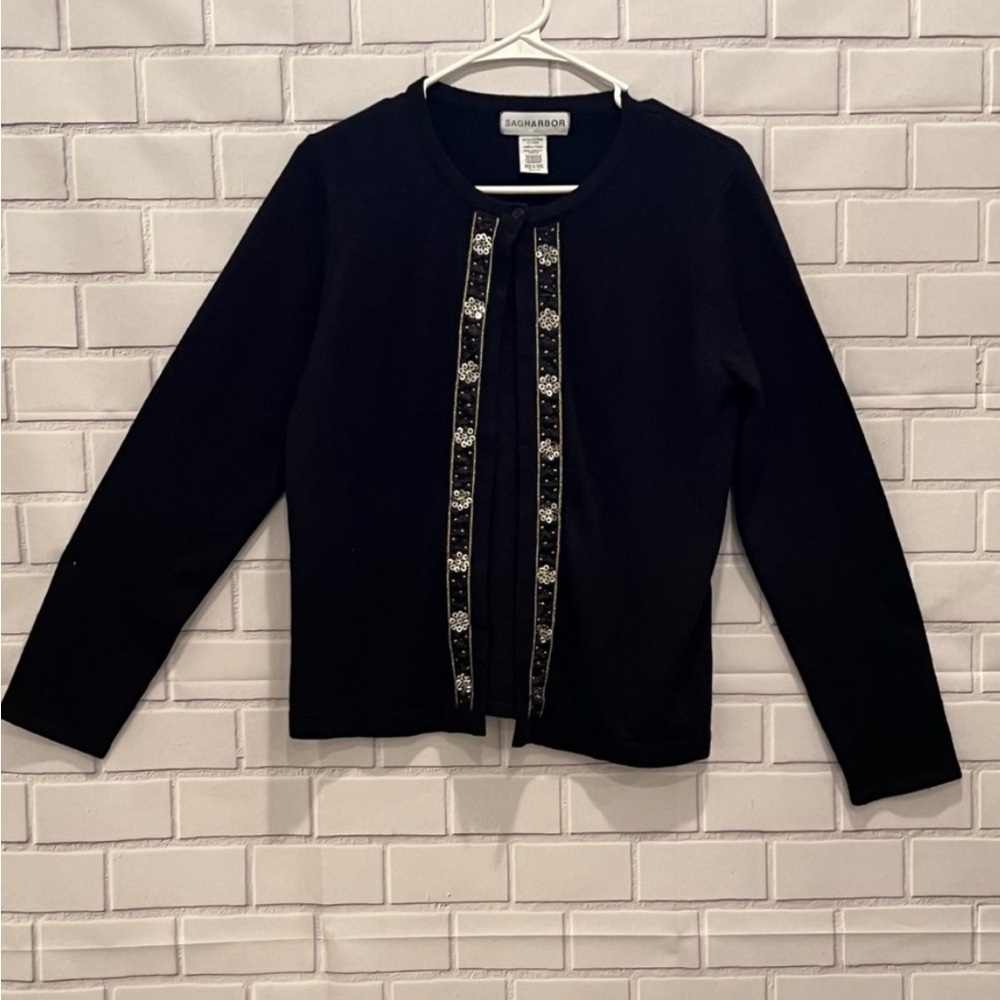 Sag Harbor Black Knit Twinset 2-Piece Cardigan & Shell - Small Embellished Trim - Picture 4 of 9